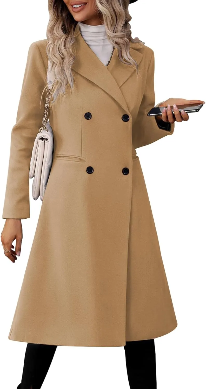 Danedvi Womens Long Double Breasted Coats Lapel Collar Pea Coat Winter Slim Fit Jackets Trench Coat Outwear