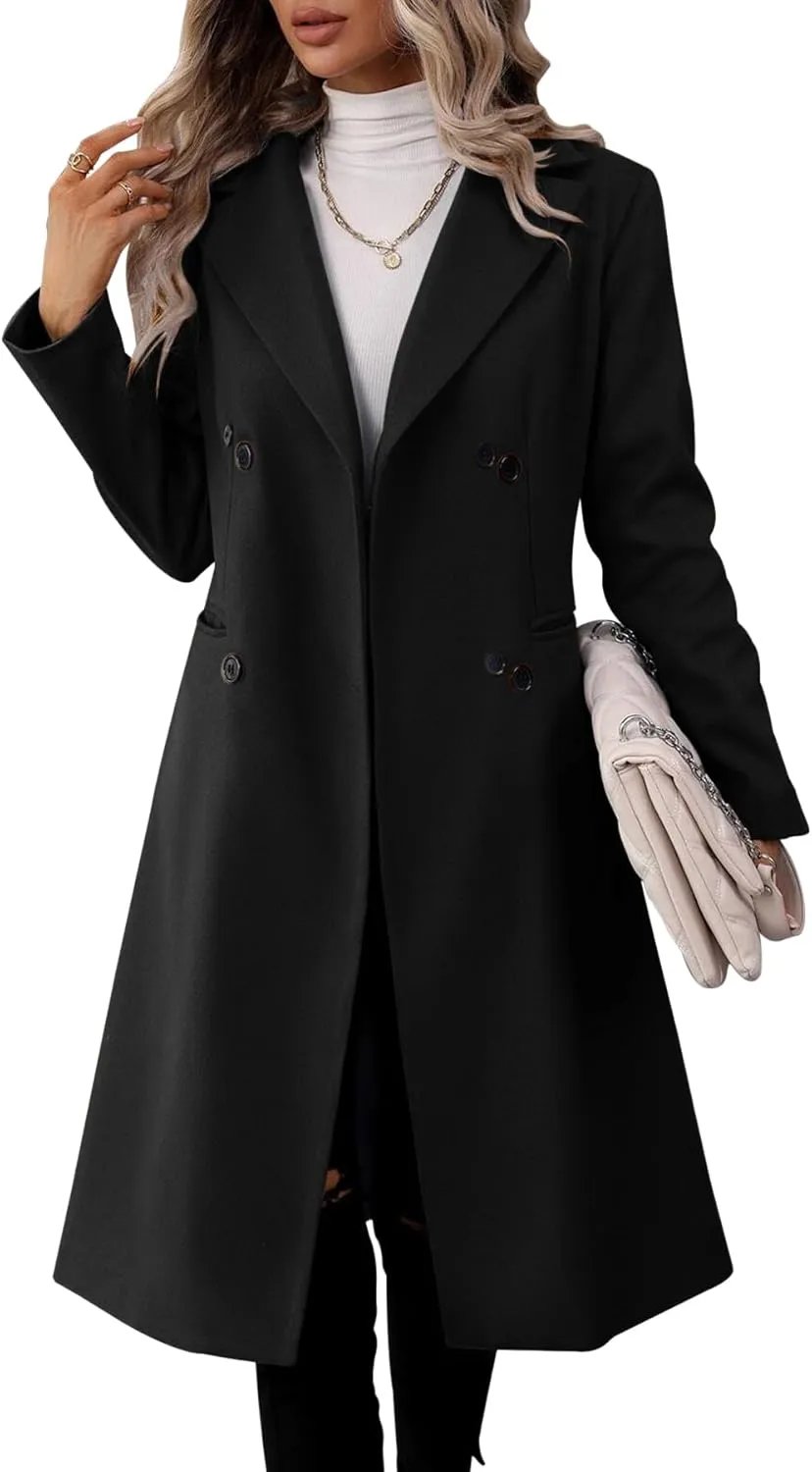 Danedvi Womens Long Double Breasted Coats Lapel Collar Pea Coat Winter Slim Fit Jackets Trench Coat Outwear