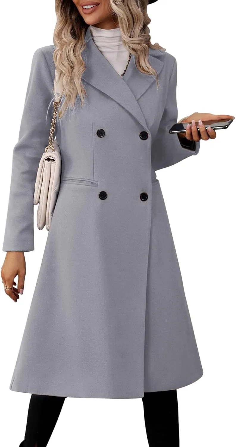 Danedvi Womens Long Double Breasted Coats Lapel Collar Pea Coat Winter Slim Fit Jackets Trench Coat Outwear