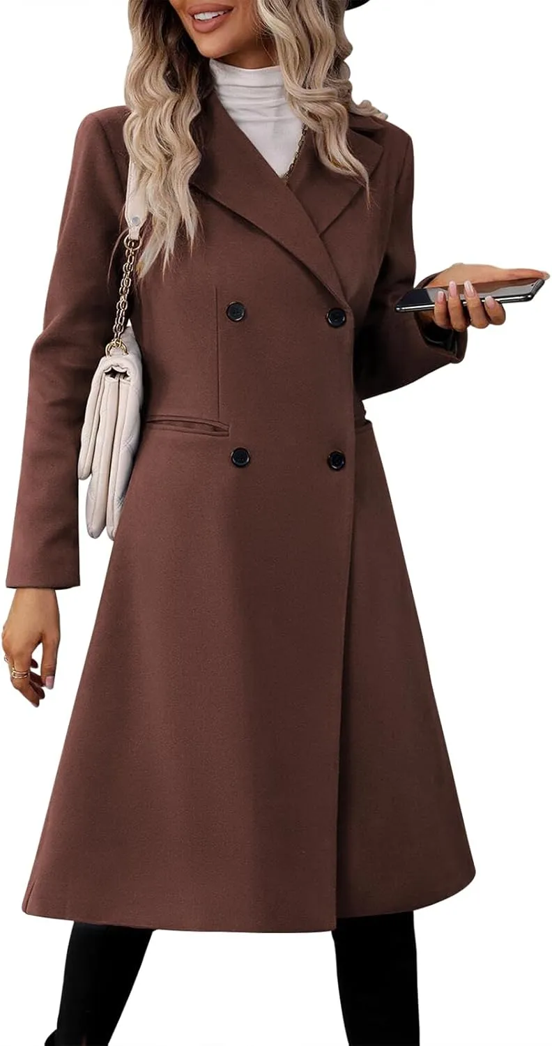 Danedvi Womens Long Double Breasted Coats Lapel Collar Pea Coat Winter Slim Fit Jackets Trench Coat Outwear