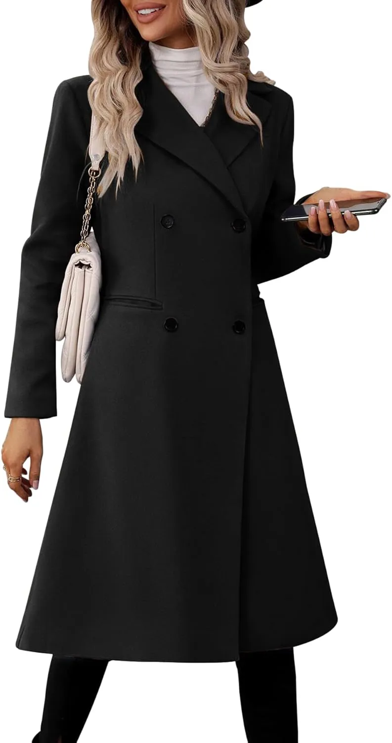 Danedvi Womens Long Double Breasted Coats Lapel Collar Pea Coat Winter Slim Fit Jackets Trench Coat Outwear