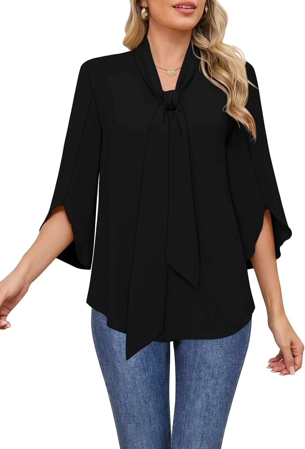 DB MOON Womens 2025 Chiffon Blouses 3/4 Sleeve Shirts Tie Neck Bell Sleeve Dressy Tops