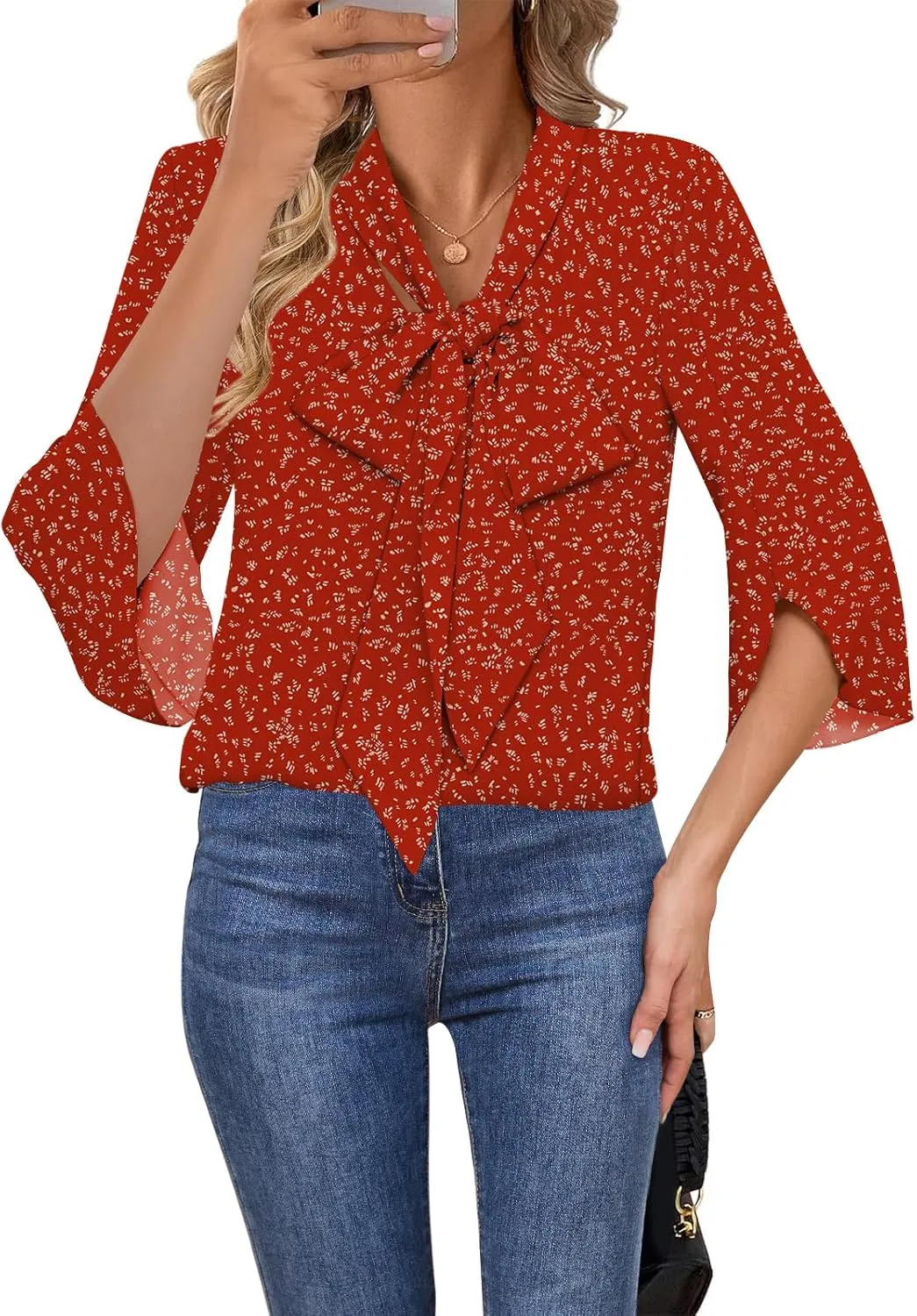 DB MOON Womens 2025 Chiffon Blouses 3/4 Sleeve Shirts Tie Neck Bell Sleeve Dressy Tops
