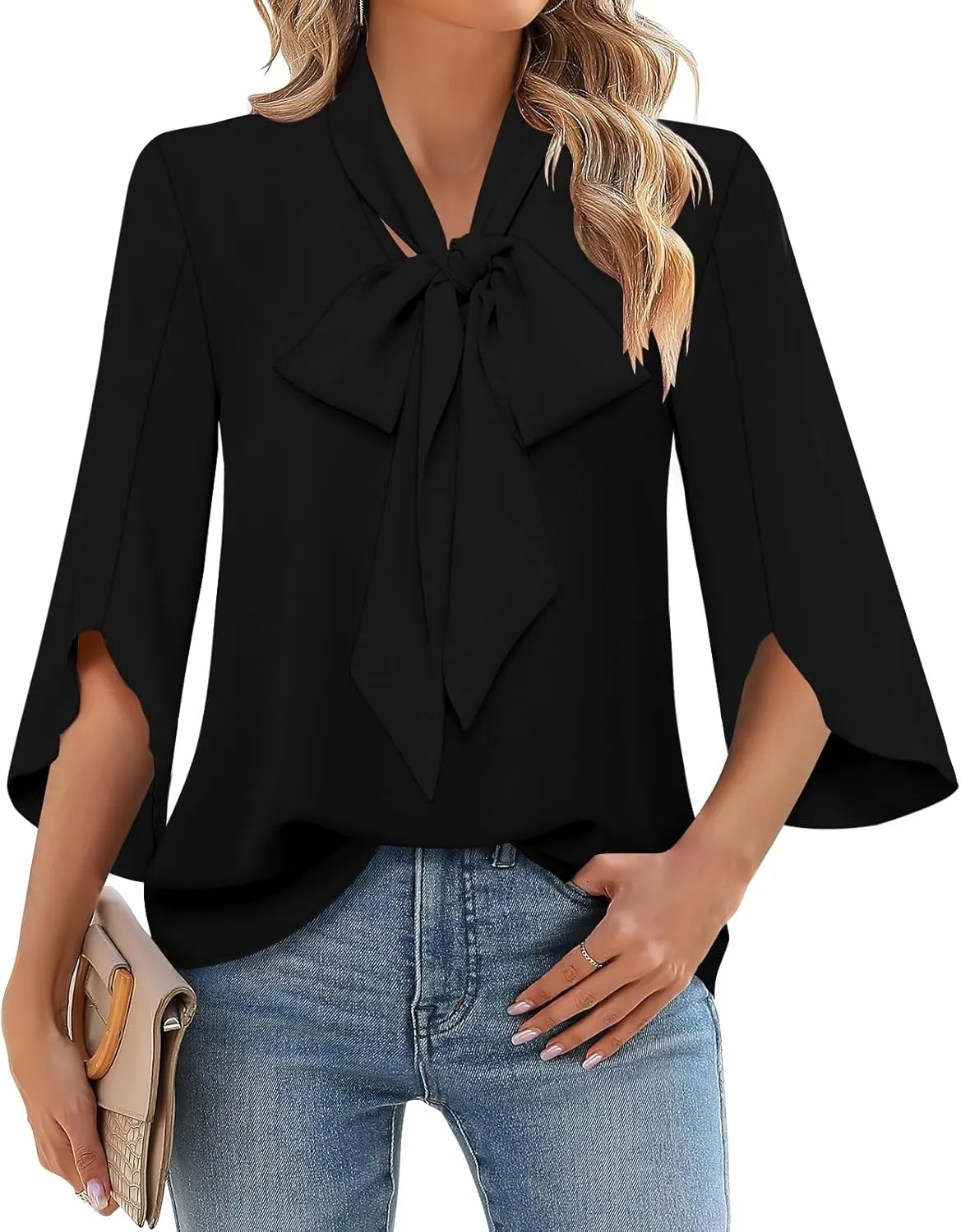 DB MOON Womens 2025 Chiffon Blouses 3/4 Sleeve Shirts Tie Neck Bell Sleeve Dressy Tops