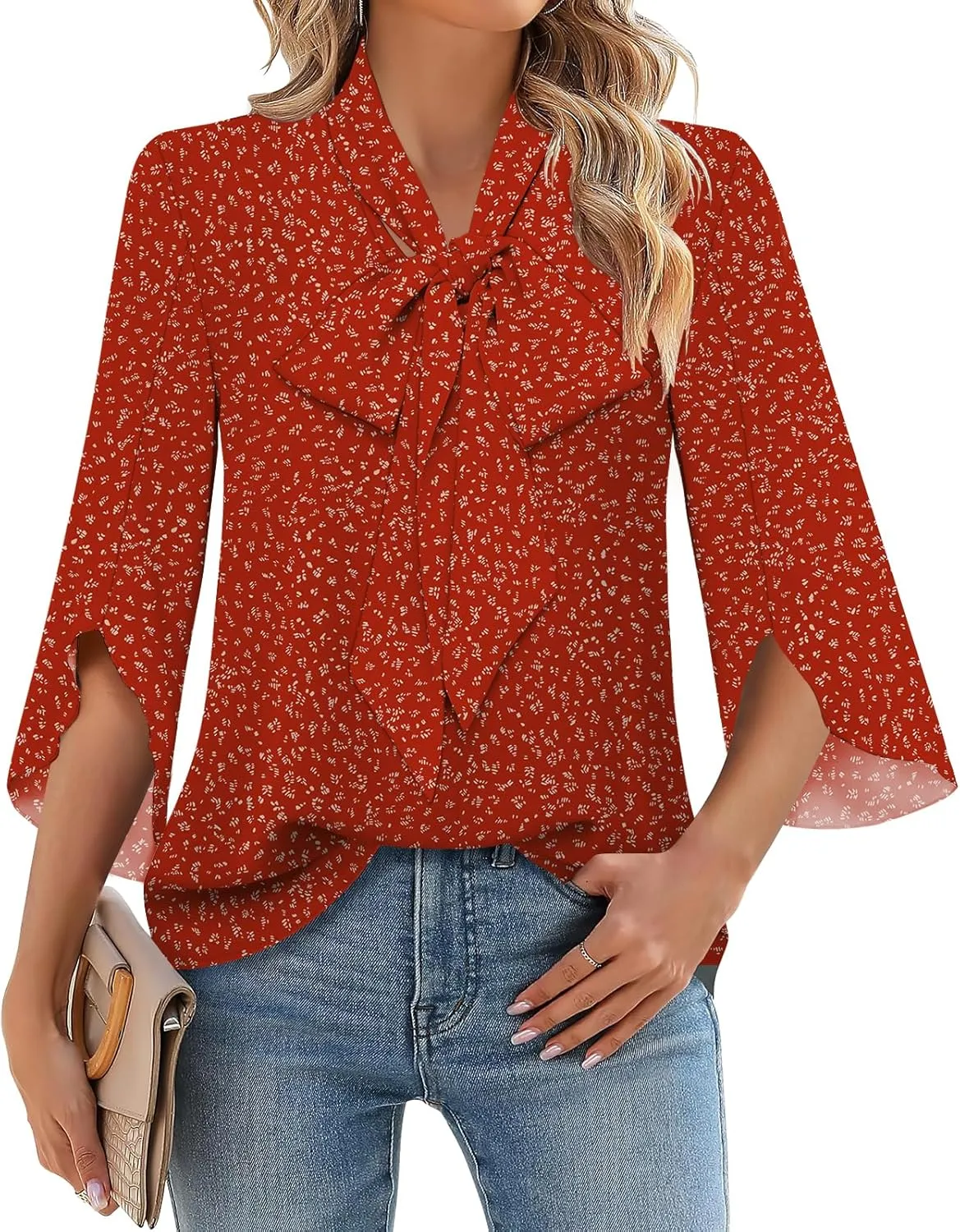 DB MOON Womens 2025 Chiffon Blouses 3/4 Sleeve Shirts Tie Neck Bell Sleeve Dressy Tops