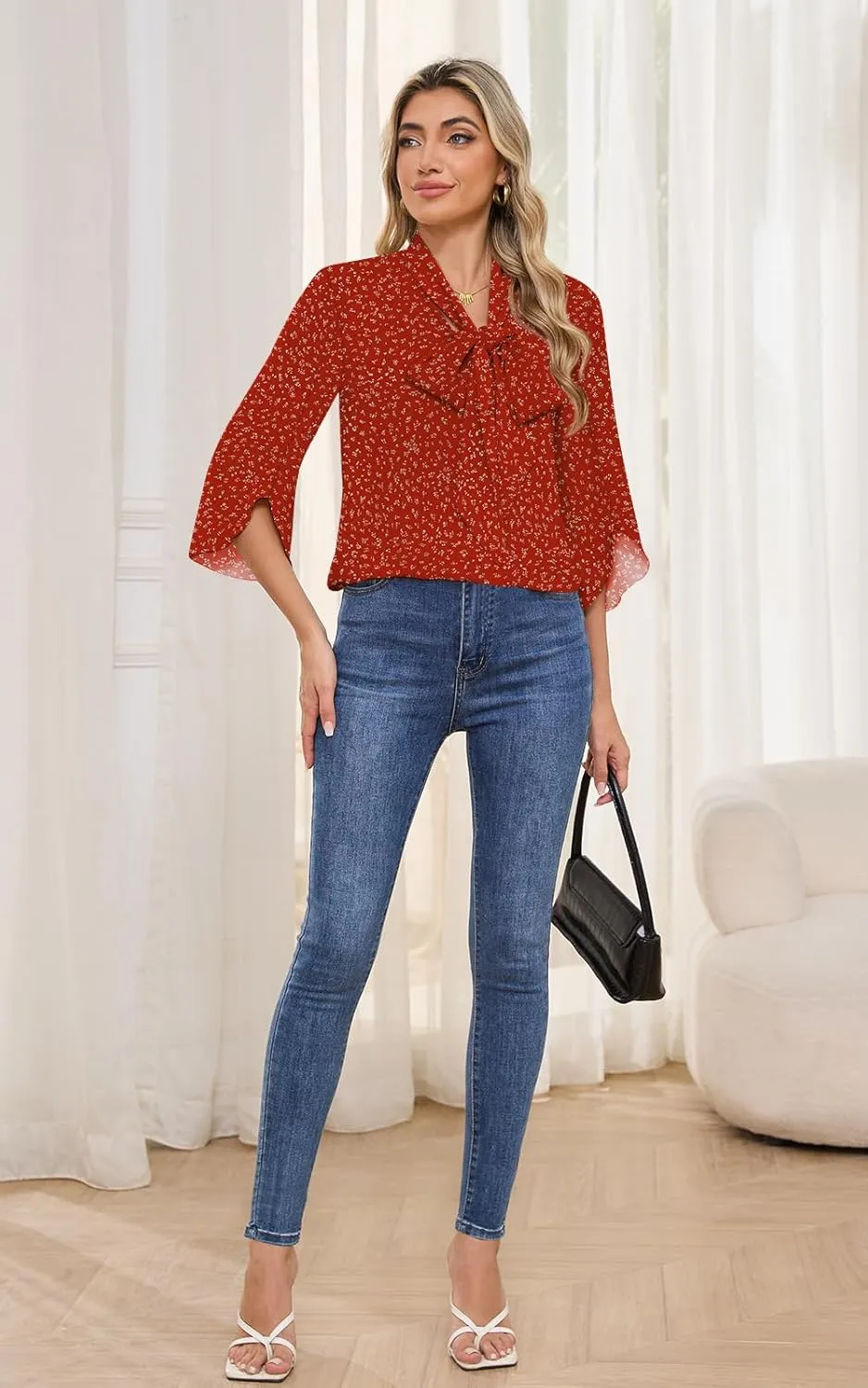 DB MOON Womens 2025 Chiffon Blouses 3/4 Sleeve Shirts Tie Neck Bell Sleeve Dressy Tops