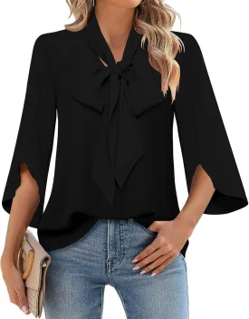 DB MOON Womens 2025 Chiffon Blouses 3/4 Sleeve Shirts Tie Neck Bell Sleeve Dressy Tops