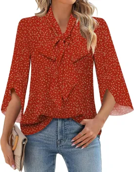 DB MOON Womens 2025 Chiffon Blouses 3/4 Sleeve Shirts Tie Neck Bell Sleeve Dressy Tops