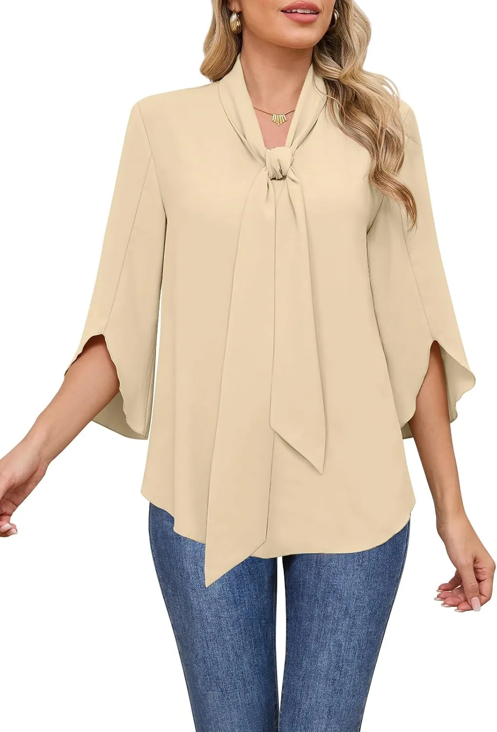 DB MOON Womens 2025 Chiffon Blouses 3/4 Sleeve Shirts Tie Neck Bell Sleeve Dressy Tops
