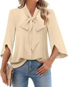 DB MOON Womens 2025 Chiffon Blouses 3/4 Sleeve Shirts Tie Neck Bell Sleeve Dressy Tops