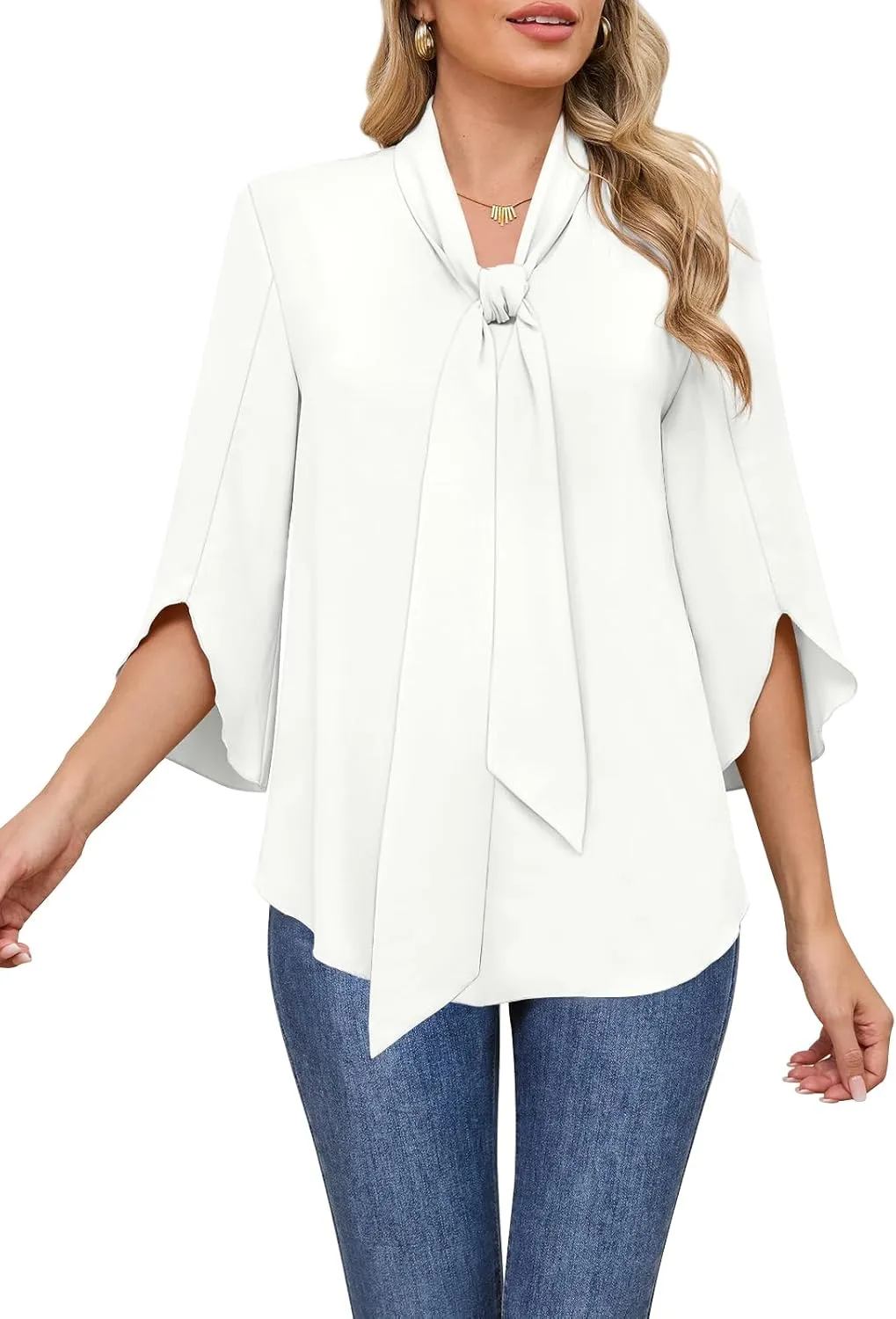 DB MOON Womens 2025 Chiffon Blouses 3/4 Sleeve Shirts Tie Neck Bell Sleeve Dressy Tops