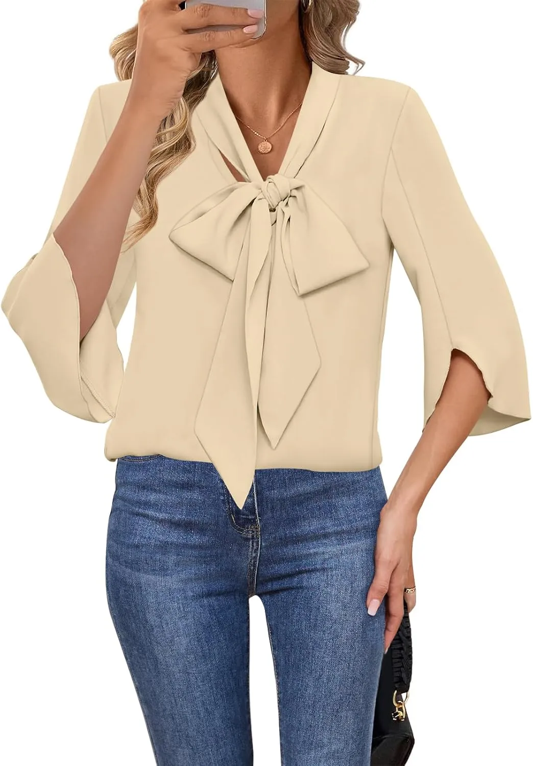 DB MOON Womens 2025 Chiffon Blouses 3/4 Sleeve Shirts Tie Neck Bell Sleeve Dressy Tops