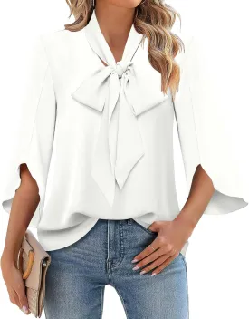 DB MOON Womens 2025 Chiffon Blouses 3/4 Sleeve Shirts Tie Neck Bell Sleeve Dressy Tops