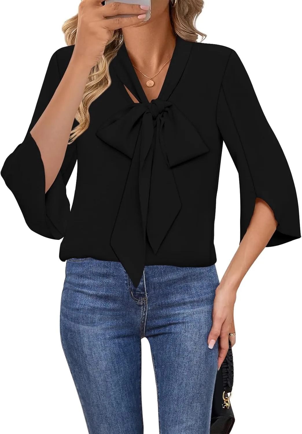 DB MOON Womens 2025 Chiffon Blouses 3/4 Sleeve Shirts Tie Neck Bell Sleeve Dressy Tops