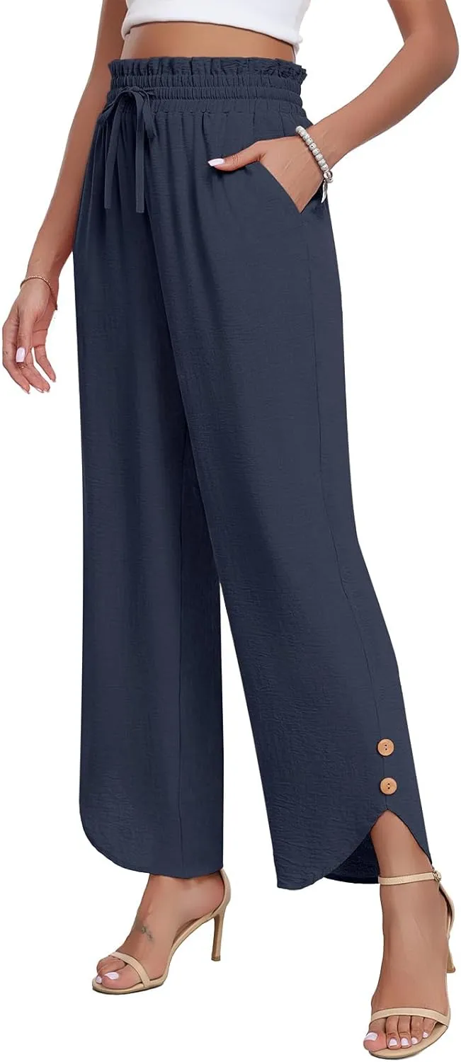 DILIUXING Womens Wide Leg Pants High Waisted Casual Drawstring Loose Adjustable Trousers Business Fashion Pants