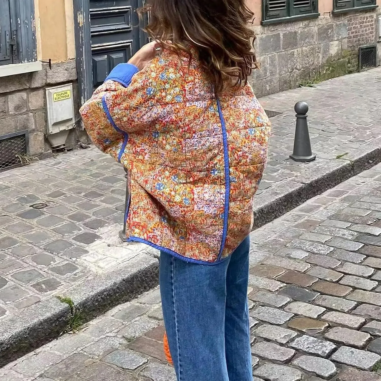 Duyang Women's Cropped Puffer Jacket Lightweight Floral Printed Open Front Quilted Coat Winter Warm Outwear
