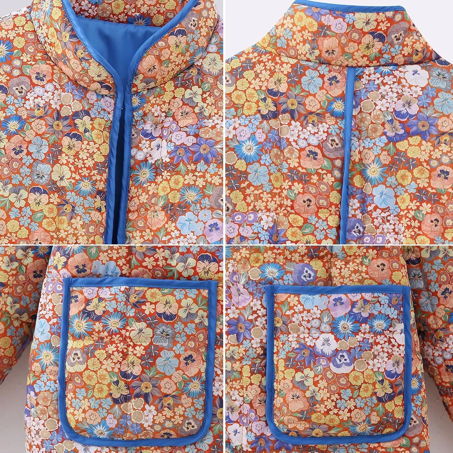 Duyang Women's Cropped Puffer Jacket Lightweight Floral Printed Open Front Quilted Coat Winter Warm Outwear