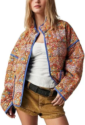 Duyang Women's Cropped Puffer Jacket Lightweight Floral Printed Open Front Quilted Coat Winter Warm Outwear