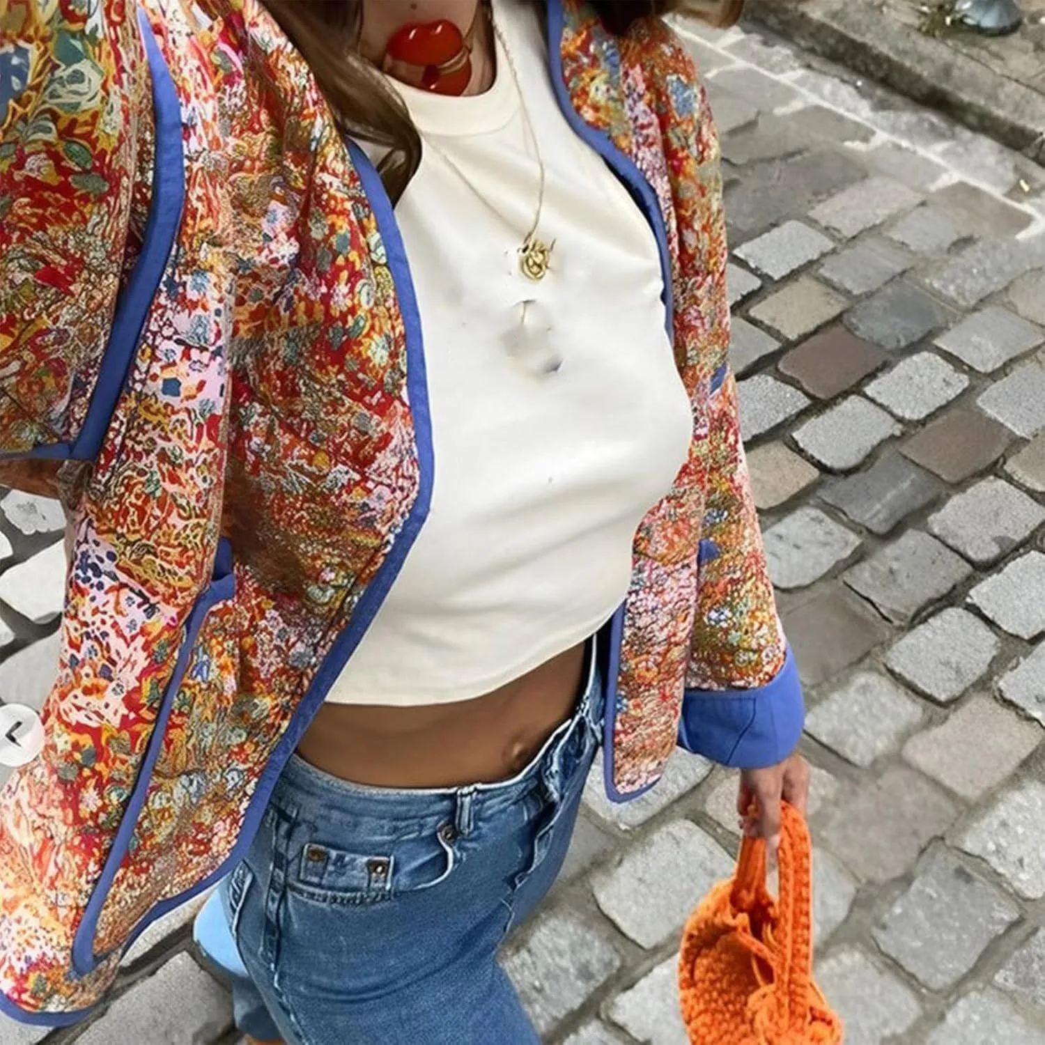 Duyang Women's Cropped Puffer Jacket Lightweight Floral Printed Open Front Quilted Coat Winter Warm Outwear