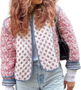 Duyang Women's Cropped Puffer Jacket Lightweight Floral Printed Open Front Quilted Coat Winter Warm Outwear