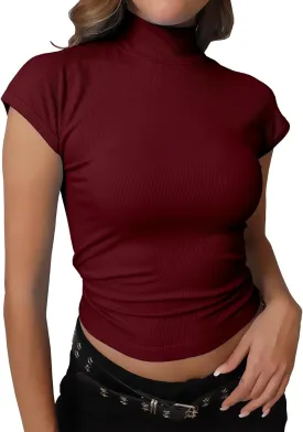 Dwnval Womens Fashion Mock Turtle Neck Short Sleeve Shirts Slim Fit Ribbed Knited Tops 2025 Spring Summer