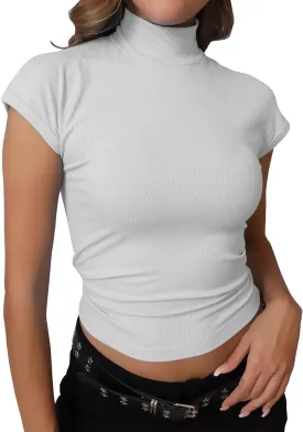 Dwnval Womens Fashion Mock Turtle Neck Short Sleeve Shirts Slim Fit Ribbed Knited Tops 2025 Spring Summer