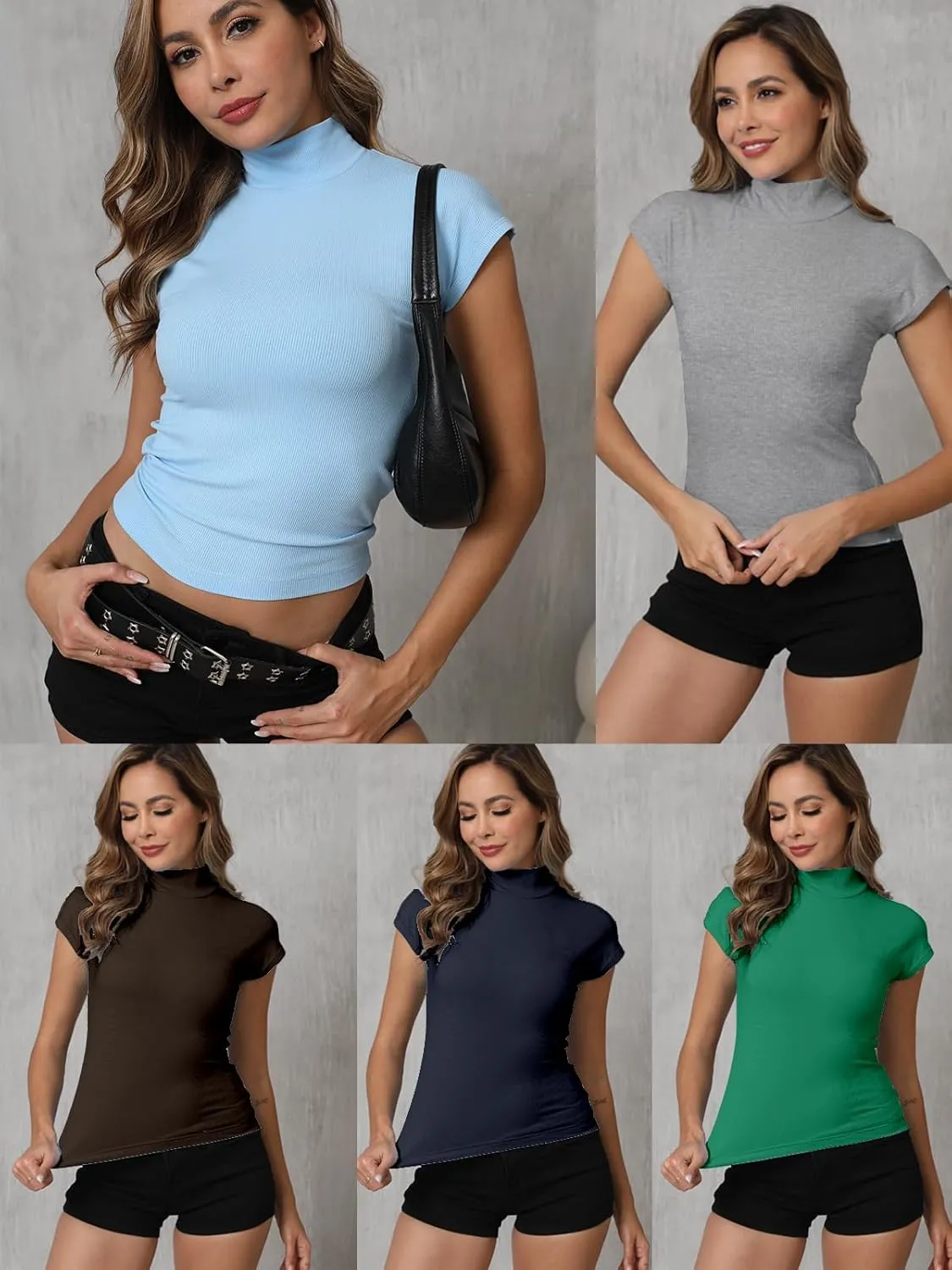 Dwnval Womens Fashion Mock Turtle Neck Short Sleeve Shirts Slim Fit Ribbed Knited Tops 2025 Spring Summer