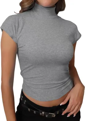 Dwnval Womens Fashion Mock Turtle Neck Short Sleeve Shirts Slim Fit Ribbed Knited Tops 2025 Spring Summer