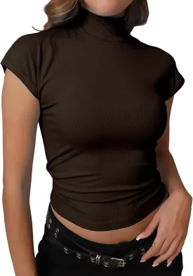 Dwnval Womens Fashion Mock Turtle Neck Short Sleeve Shirts Slim Fit Ribbed Knited Tops 2025 Spring Summer