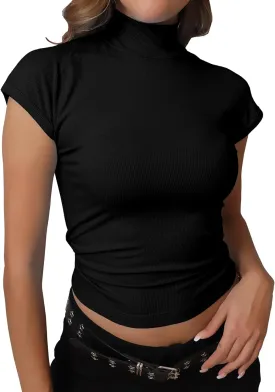 Dwnval Womens Fashion Mock Turtle Neck Short Sleeve Shirts Slim Fit Ribbed Knited Tops 2025 Spring Summer