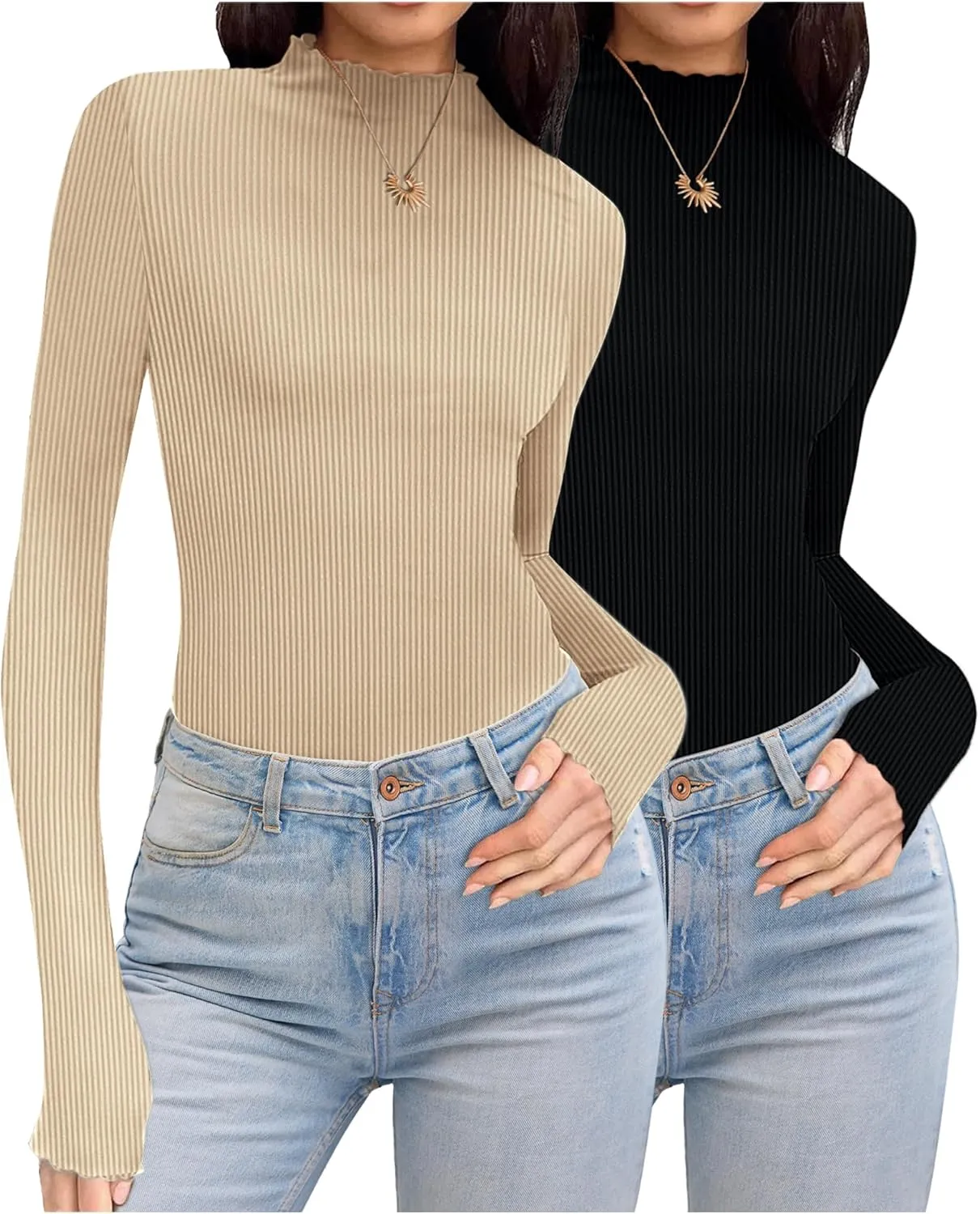 Ekouaer Turtleneck Shirt Women Ribbed Long Sleeve Shirts Lettuce Trim Mock Neck Tops Slim Fit Base Layer