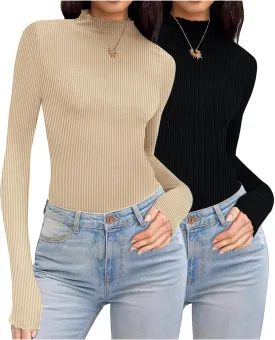 Ekouaer Turtleneck Shirt Women Ribbed Long Sleeve Shirts Lettuce Trim Mock Neck Tops Slim Fit Base Layer