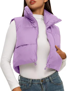 ELLEVEN Women's Cropped Puffer Vest with Pockets, High Stand Collar Crop Outerwear Lightweight Padded Gilet
