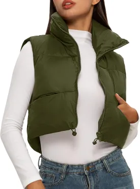 ELLEVEN Women's Cropped Puffer Vest with Pockets, High Stand Collar Crop Outerwear Lightweight Padded Gilet
