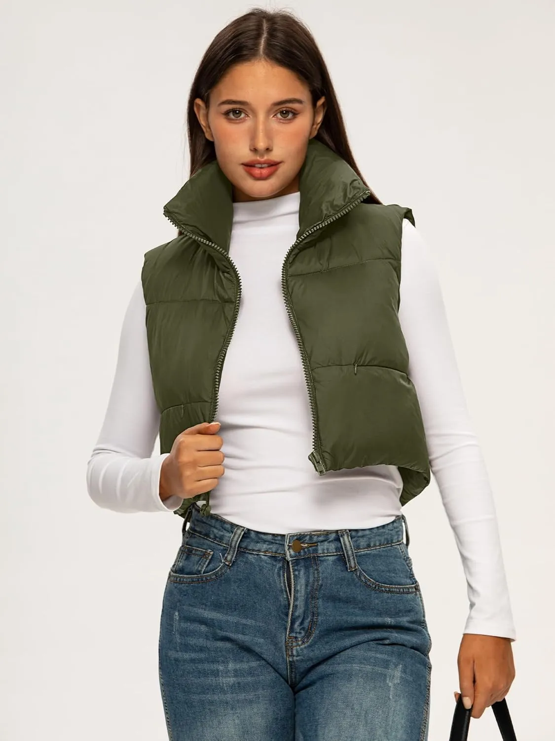 ELLEVEN Women's Cropped Puffer Vest with Pockets, High Stand Collar Crop Outerwear Lightweight Padded Gilet