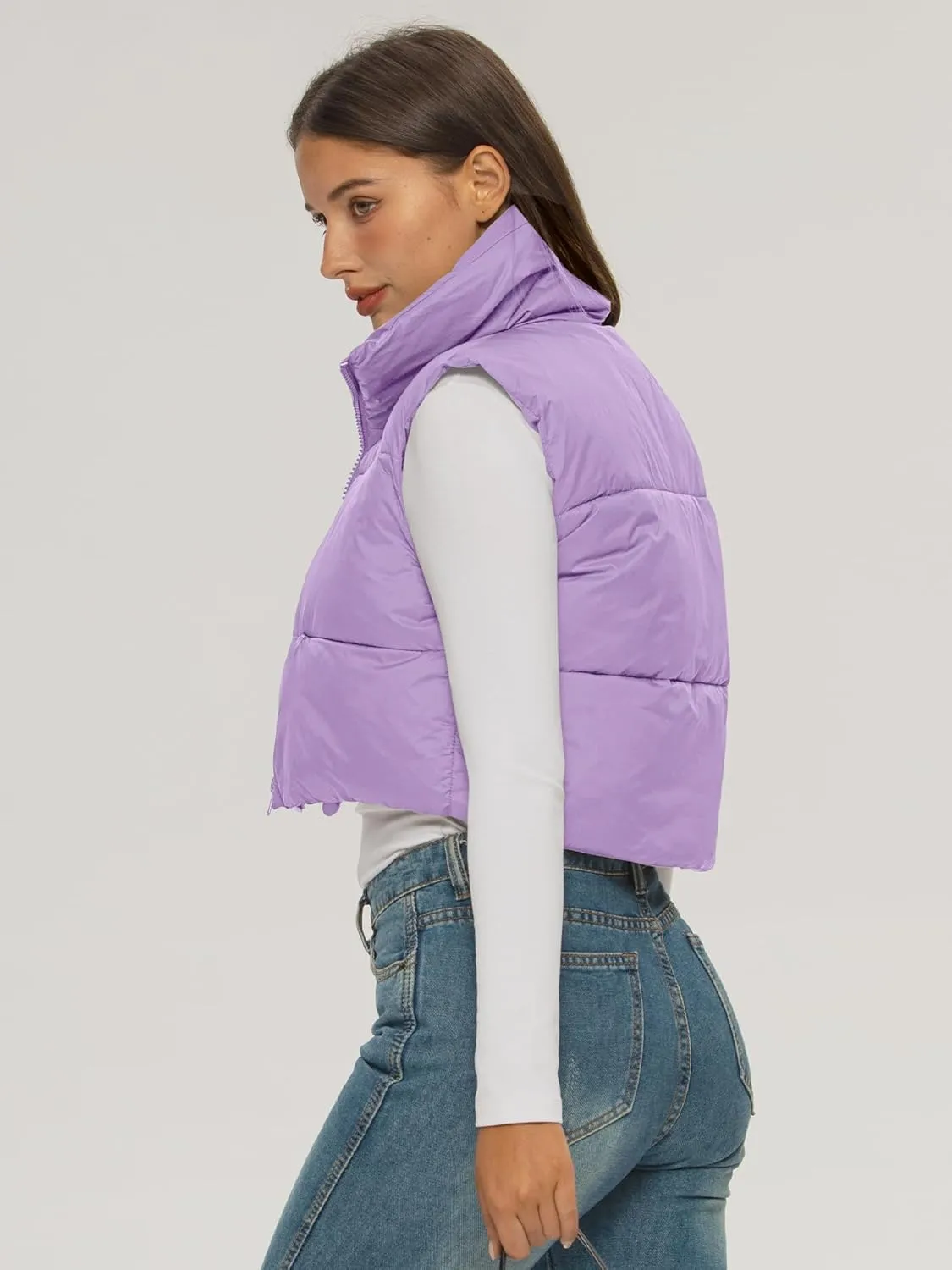 ELLEVEN Women's Cropped Puffer Vest with Pockets, High Stand Collar Crop Outerwear Lightweight Padded Gilet