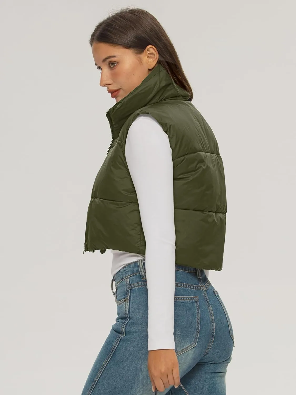 ELLEVEN Women's Cropped Puffer Vest with Pockets, High Stand Collar Crop Outerwear Lightweight Padded Gilet