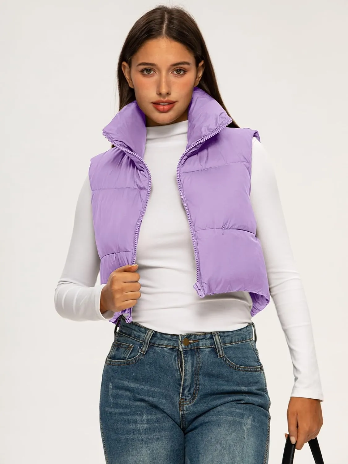ELLEVEN Women's Cropped Puffer Vest with Pockets, High Stand Collar Crop Outerwear Lightweight Padded Gilet
