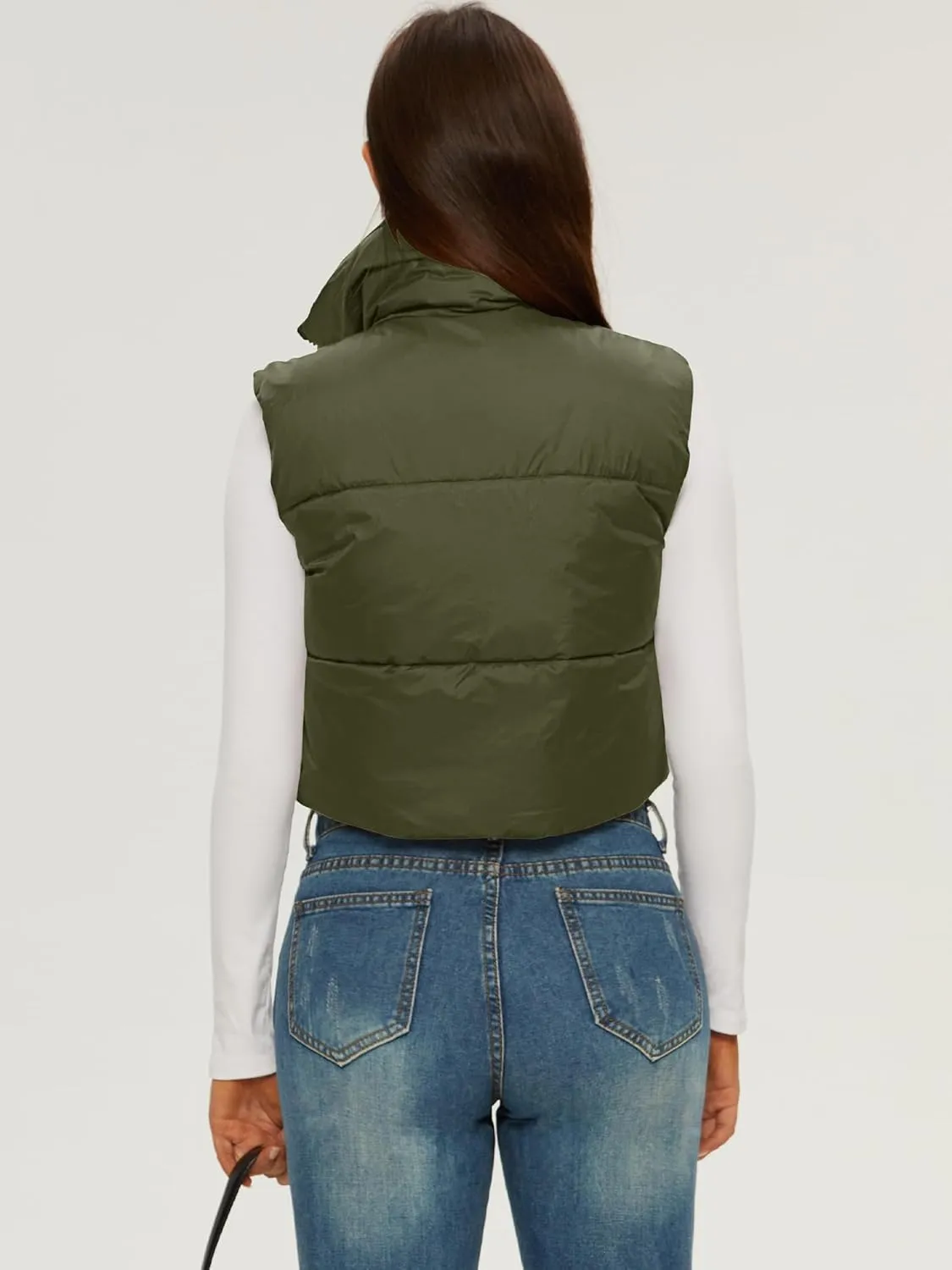 ELLEVEN Women's Cropped Puffer Vest with Pockets, High Stand Collar Crop Outerwear Lightweight Padded Gilet