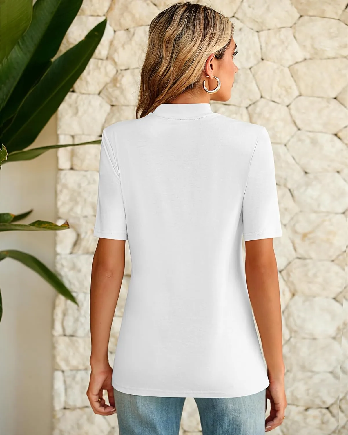 Ficerd 3 Pack Women's Mock Turtleneck Shirts, Half Short Sleeve Tops Dressy Casual High Mock Neck T Shirt Summer Basic Blouse