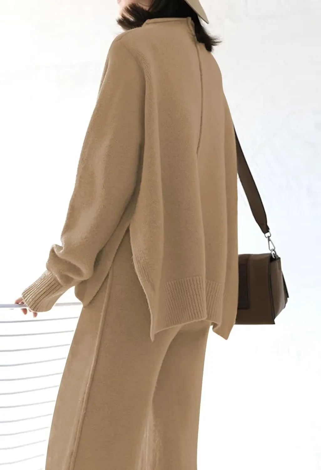 Fixmatti Women Knit Sweatsuit Turtleneck Sweater Top and Wide Leg Pant 2 Piece Outfits