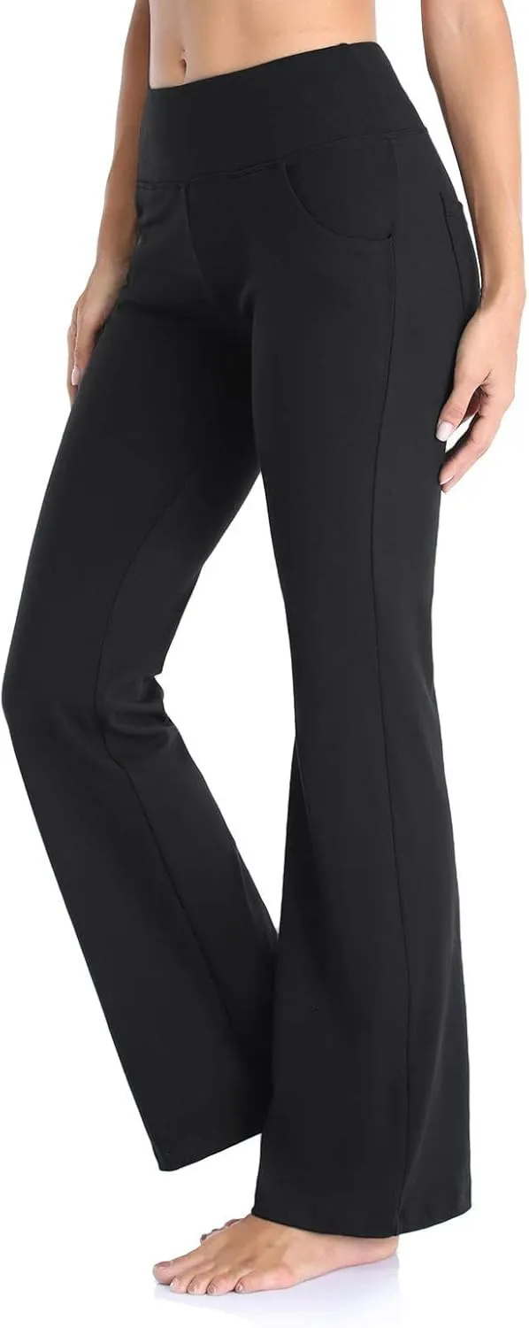 Flare Leggings With Pockets For Women High Waist Casual Workout Bell Bottom Pant Soft Yoga Wide Leg Bootcut Trouser