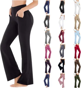 Flare Leggings With Pockets For Women High Waist Casual Workout Bell Bottom Pant Soft Yoga Wide Leg Bootcut Trouser