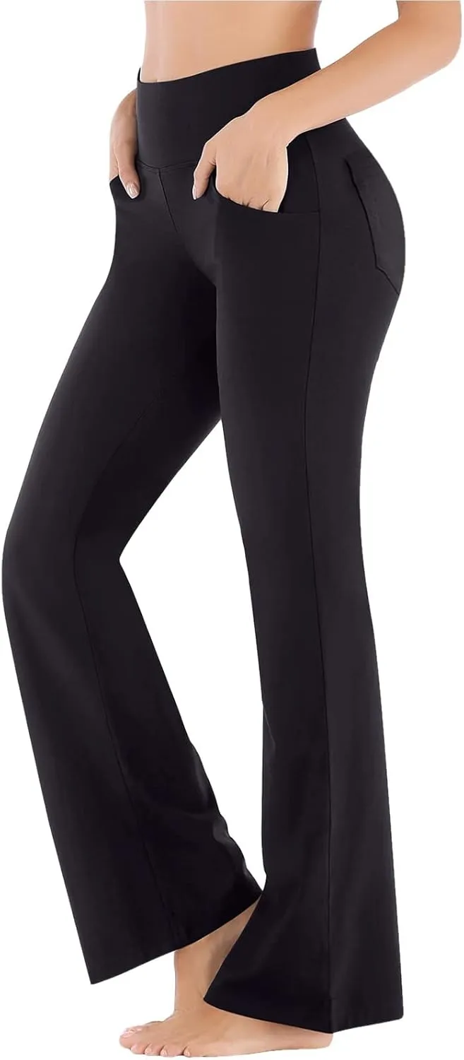 Flare Leggings With Pockets For Women High Waist Casual Workout Bell Bottom Pant Soft Yoga Wide Leg Bootcut Trouser