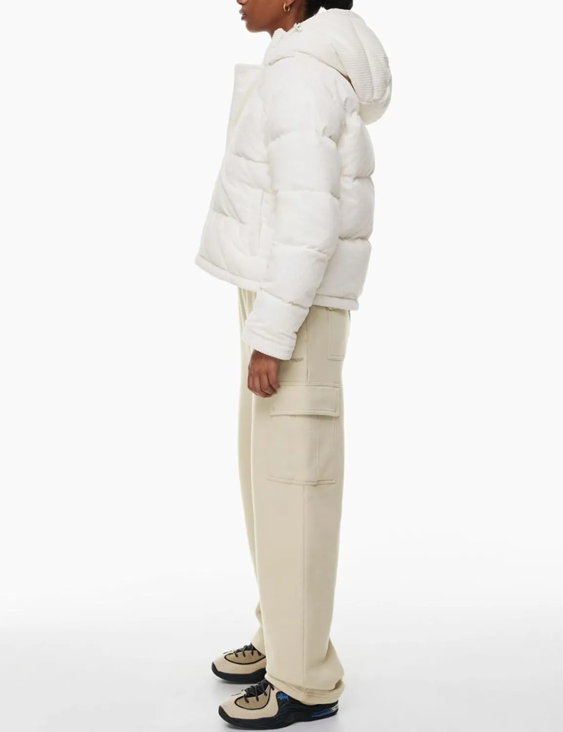 Flygo Puffer Jacket Womens Cropped Corduroy Hooded Winter Jackets Warm Quilted Long Sleeve Bubble Down Coats