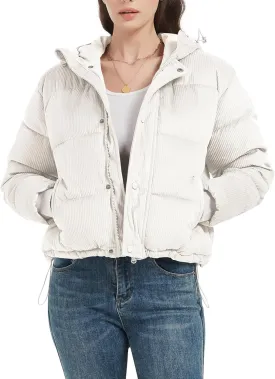 Flygo Puffer Jacket Womens Cropped Corduroy Hooded Winter Jackets Warm Quilted Long Sleeve Bubble Down Coats