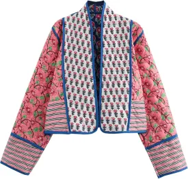 Flygo Women Cropped Puffer Jacket Cardigan Floral Printed Quilted Coats Lightweight Open Front Crop Padded Down Jackets