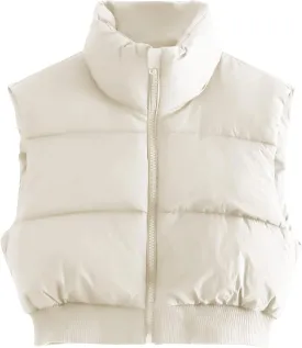 Gihuo Women's Cropped Puffer Vest Sleeveless Puffer Jacket Padded Gilet Outerwear Winter Full Zip Lightweight Coat