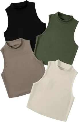 GORGLITTER Women's 4 Piece Mock Neck Ribbed Knit Crop Top Sleeveless Cropped Cami Tank Tops