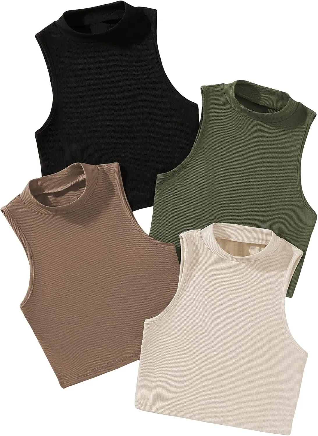 GORGLITTER Women's 4 Piece Mock Neck Ribbed Knit Crop Top Sleeveless Cropped Cami Tank Tops
